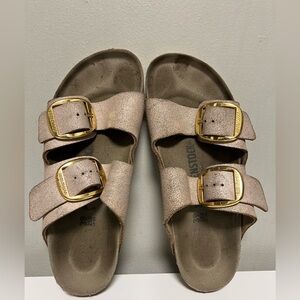 Birkenstock Arizona Two-Strap Sandals with Gold Big Buckles